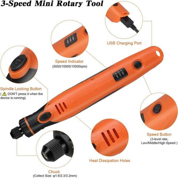 3.7V Cordless Rotary Tool w/ 66pcs Accessories, 3-Speed, 700mAh Lithium Battery - Picture 10 of 12